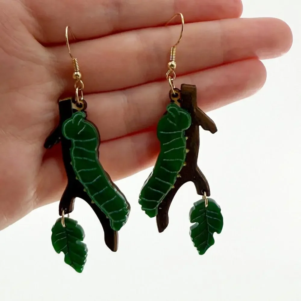 Caterpillar with Leaf Wooden Dangle Earrings, Caterpillar Earrings, Bug Earrings
